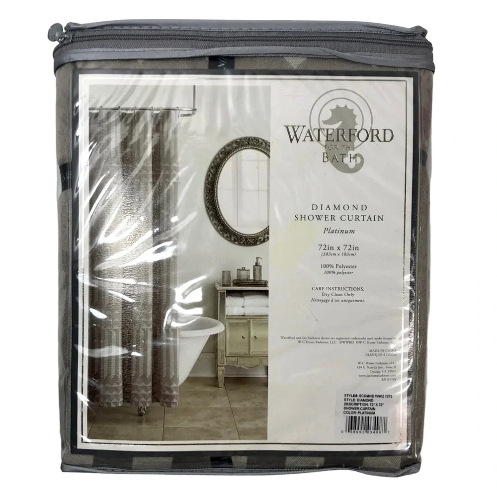 WATERFORD For The Bath Diamond Shower Curtain Color Platinum New in Package